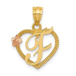 14k Two Tone Gold Grace Collection 15mm Heart Initial F Pendant